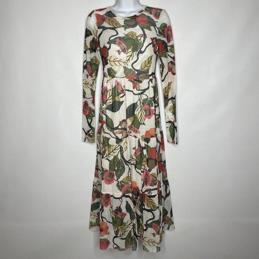 Floral Long Sleeve Midi Dress - White with Pink & Green Floral Print